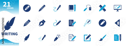 Writing icon. Set of icons for pen, notebook, learning, education, graphic design. Solid vector icon.