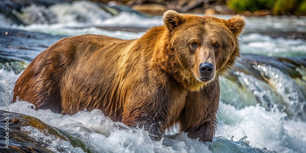 A massive brown bear stands chest-deep in a rushing river, its fur glistening with water, as it intently searches for Pacific salmon in the clear stream. A massive brown bear stands chest-deep in a rushing river, its fur glistening with water, as it intently searches for Pacific salmon in the clear stream.