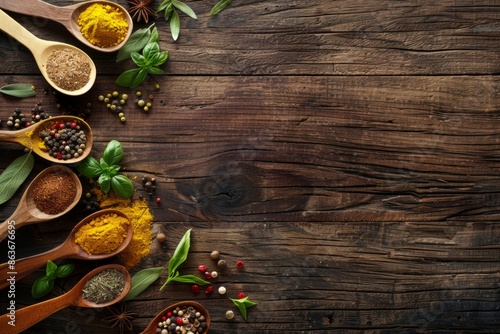 Fototapeta Naklejka Na Ścianę i Meble -  A wooden table with various spices and herbs in wooden spoons