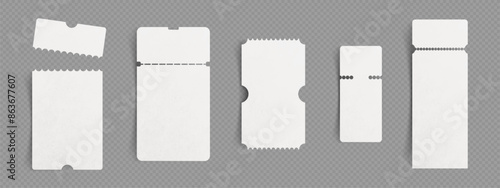 3d paper coupon or cinema ticket mockup template. Blank travel voucher or price tag sticker isolated vector design. Premium theatre or airplane pass label. Empty discount guarantee lottery mock up
