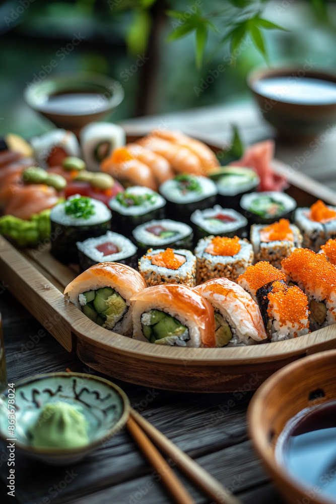 A beautifully arranged sushi platter displayed on an elegant wooden table. The centerpiece is a variety of sushi rolls. A beautifully arranged sushi platter displayed on an elegant wooden table. The centerpiece is a variety of sushi rolls.