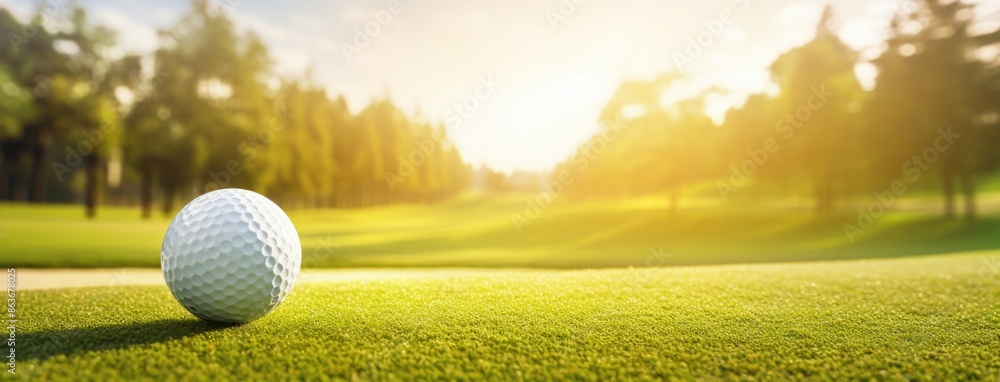 Green grass with golf ball close-up in soft focus at sunlight. Golf playground for golf concept. Olympic game 2024 in Paris. Green grass with golf ball close-up in soft focus at sunlight. Golf playground for golf concept. Olympic game 2024 in Paris.
