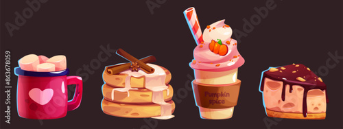 Latte coffee cup drink with chocolate cake vector set. Cappuccino beverage with cream for dessert in cafe. Sweet bakery ui asset collection for breakfast menu design in restaurant cartoon concept