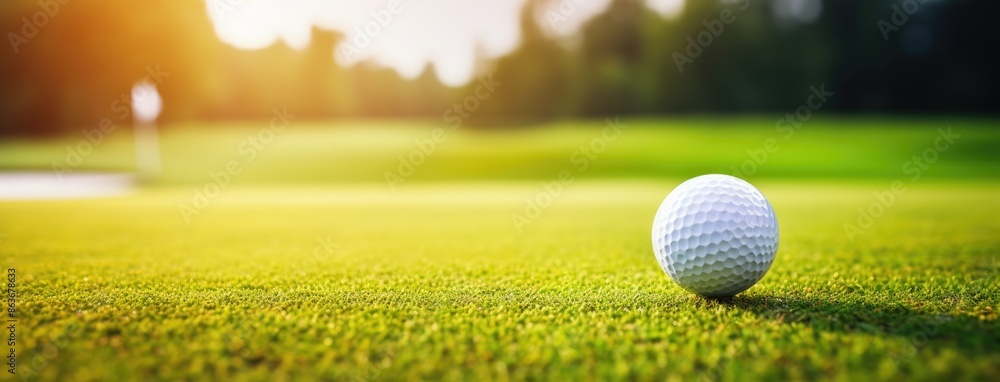 Green grass with golf ball close-up in soft focus at sunlight. Golf playground for golf concept. Olympic game 2024 in Paris. Green grass with golf ball close-up in soft focus at sunlight. Golf playground for golf concept. Olympic game 2024 in Paris.