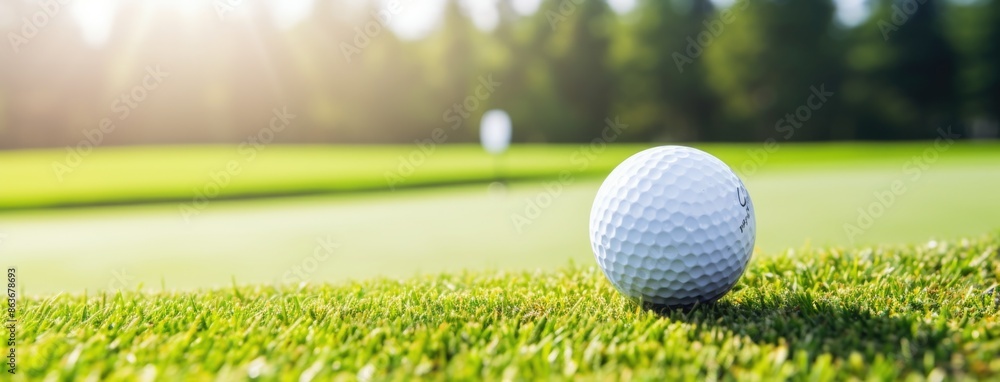Green grass with golf ball close-up in soft focus at sunlight. Golf playground for golf concept. Olympic game 2024 in Paris. Green grass with golf ball close-up in soft focus at sunlight. Golf playground for golf concept. Olympic game 2024 in Paris.