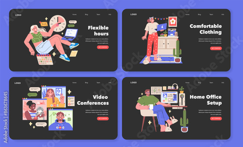 Working from Home illustration A quartet of vibrant panels illustrating the new norm: flexible scheduling, cozy attire, digital meetings, and tailored home office spaces Vector illustration