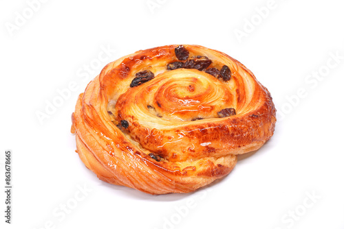Bild auf Leinwand Pain aux raisins isolate on white, also called escargot or pain russe, is a spiral pastry often eaten for breakfast in France