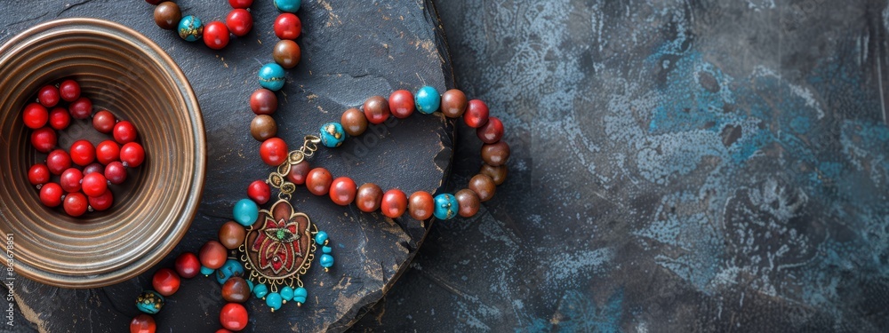 Fototapeta premium A red-and-blue beaded necklace rests atop a wooden surface, near a bowl filled with beads