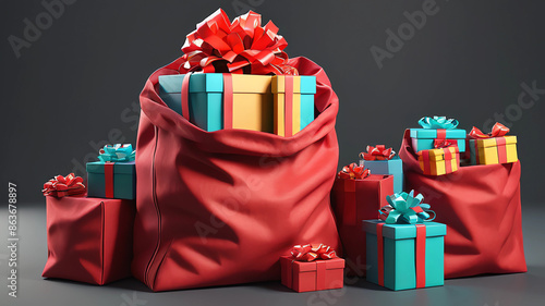 Open red sack with large coloured gift boxes inside the open top of a red fabric bag. Simple decoration plastic 3d model