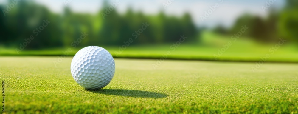 Green grass with golf ball close-up in soft focus at sunlight. Golf playground for golf concept. Olympic game 2024 in Paris. Green grass with golf ball close-up in soft focus at sunlight. Golf playground for golf concept. Olympic game 2024 in Paris.
