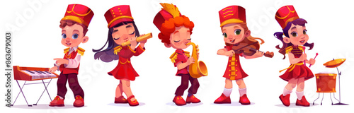 March parade music kid character band cartoon. Drum, trumpet, trombone and sax instrument for playing military children orchestra isolated set. Smiling happy boy and girl in red uniform and boots