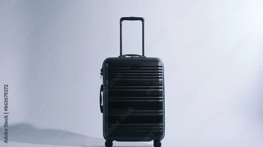 Fototapeta premium A sleek black rolling suitcase with a retractable handle, sitting upright on a white backdrop, ready for an adventure.
