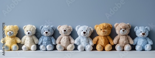  A white shelf holds a row of multicolored  bears aligned against a blue wall photo