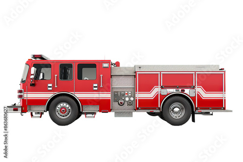 Red fire truck side view on transparent background