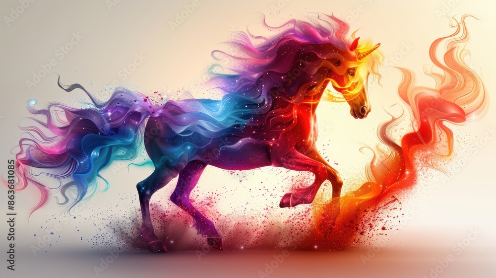 Obraz premium A majestic vector horse, rearing up on its hind legs, with a gradient mane.