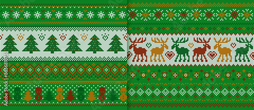 Christmas seamless knitted pattern. Green print with deers, christmas trees, snowmen. Knit sweater texture. Xmas background. Holiday fair isle traditional ornament. Vector illustration.