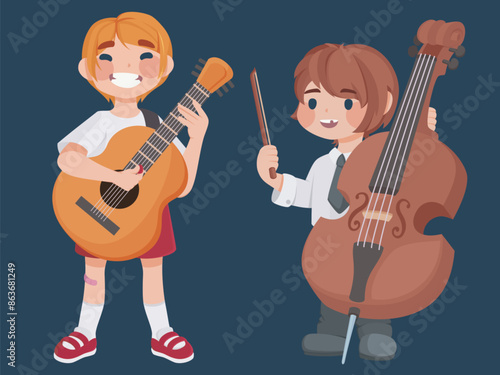 Kids playing musical instruments set isolated on background. Vector cartoon illustration of happy boys performing on contrabass and guitar, children showing talent at school concert, amateur band