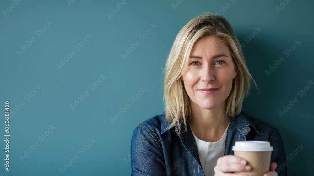 British businesswoman pausing for a hot coffee against a simple backdrop, perfect for branding British businesswoman pausing for a hot coffee against a simple backdrop, perfect for branding