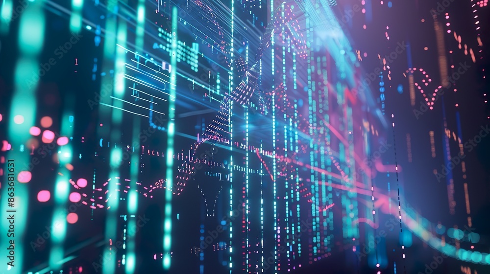 Obraz premium A dynamic digital artwork visualizing data transmission and encryption, with binary code streams pulsating across interconnected nodes and pathways, depicting a vibrant digital ecosystem