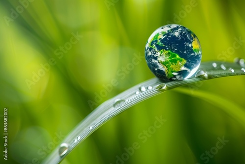 Beautiful close-up of a miniature Earth resting on a green leaf with water droplets. Conceptual image depicting environmental care. Perfect for nature conservation themes or sustainability projects photo