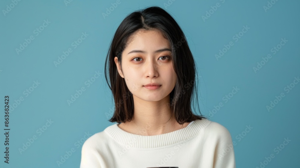Focused Asian woman with coffee cup against clear background, ideal for personalized branding Focused Asian woman with coffee cup against clear background, ideal for personalized branding