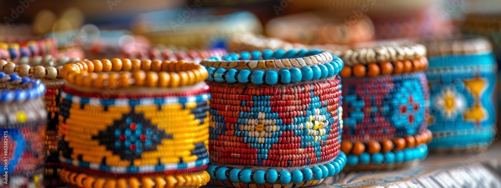 A collection of vibrant bracelets arranged atop a wooden table, adjacent to one another A collection of vibrant bracelets arranged atop a wooden table, adjacent to one another