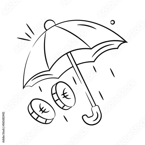 Euro coins under umbrella, a concept of financial insurance icon in modern style