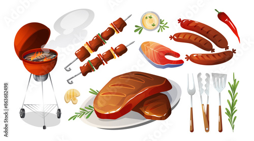 BBQ party food and tools set isolated on white background. Vector cartoon illustration of grilled meat on plate, fish steak, vegetables on skewer, chili and mushroom, mayo sauce, summer picnic cooking