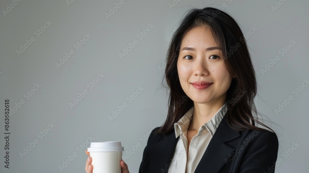 Serene Asian woman in business attire with coffee cup against clear space for customization Serene Asian woman in business attire with coffee cup against clear space for customization