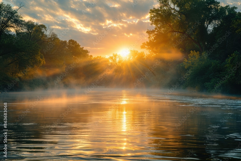 Golden Dawn Over Misty River Golden Dawn Over Misty River