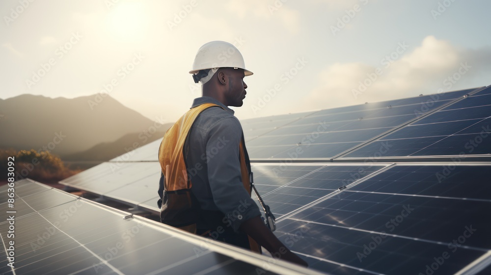 Back of African american technician check the maintenance of the solar panels. Back of African american technician check the maintenance of the solar panels.