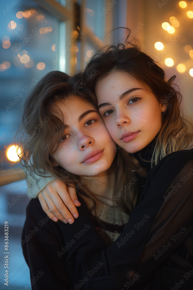 Two female friends in love wanting to hug each other at home Two female friends in love wanting to hug each other at home