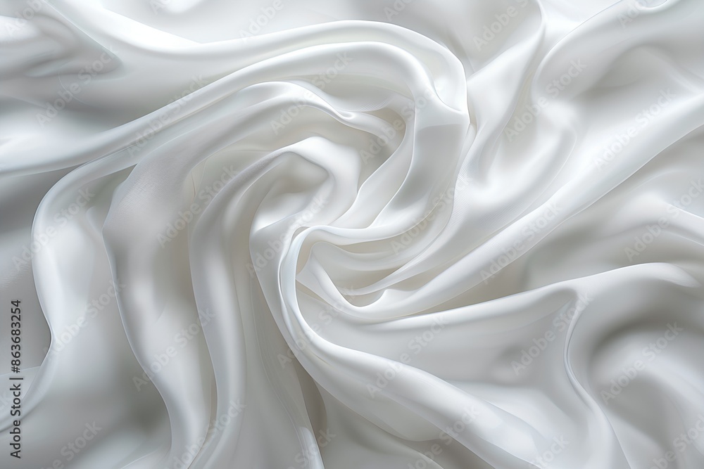 Obraz premium White silk fabric, with the texture of white satin fabric. The cloth is very soft and smooth, with delicate folds that make it look like liquid metal or ice crystals