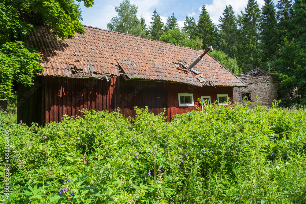 Rustic old red barn with green plants Rustic old red barn with green plants