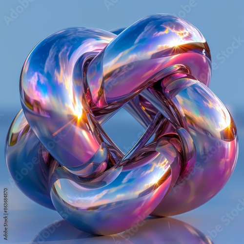 Three-dimensional art sculpture, reflective chain link, shimmering iridescent metal., shimmeri photo