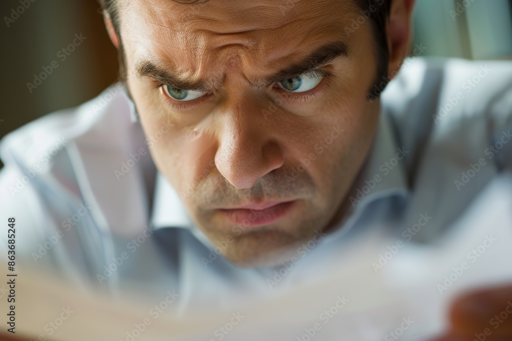 A man with a scowl on his face is looking at a piece of paper A man with a scowl on his face is looking at a piece of paper