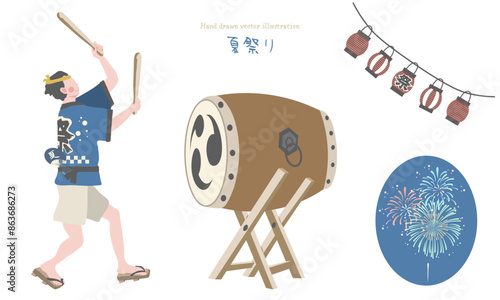 太鼓をたたく人（夏祭りのイラスト）