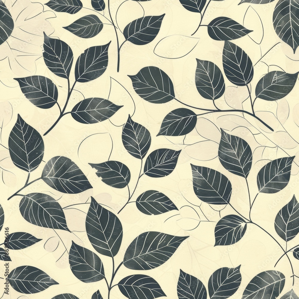 Fototapeta premium Seamless Floral Pattern with Dark Leaves on Light Background. Ideal for fabric, wallpaper, wrapping paper, and textile designs. Nature, botanical, elegance, vintage, and decorative concepts.