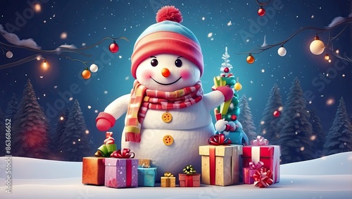 cute snowman with gifts for happy christmas and new year festival wallpaper