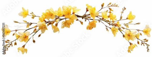  A clear white backdrop hosts an assemblage of yellow blooms and accompanying foliage Ample space exists, centrally, to accommodate inserted text