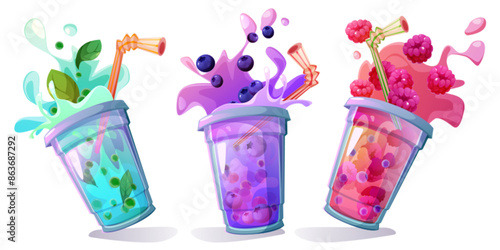Splashing bubble tea set isolated on white background. Vector cartoon illustration of cool boba beverages with fresh mint, blueberry and raspberry splattering as plastic cup falls, cafe menu icons