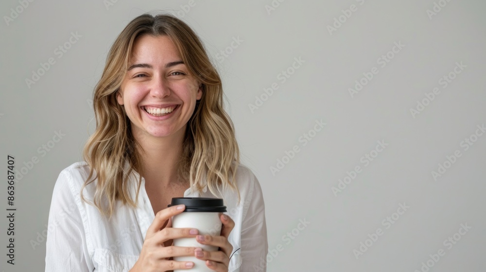 Businesswoman smiling with a coffee cup against a blank backdrop for your message , Businesswoman smiling with a coffee cup against a blank backdrop for your message ,