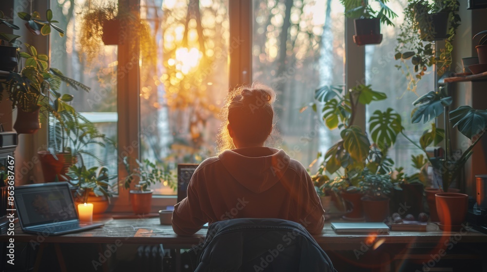 A cozy home office setup with a person working on a laptop, surrounded by plants, coffee, and a tidy workspace. A cozy home office setup with a person working on a laptop, surrounded by plants, coffee, and a tidy workspace.