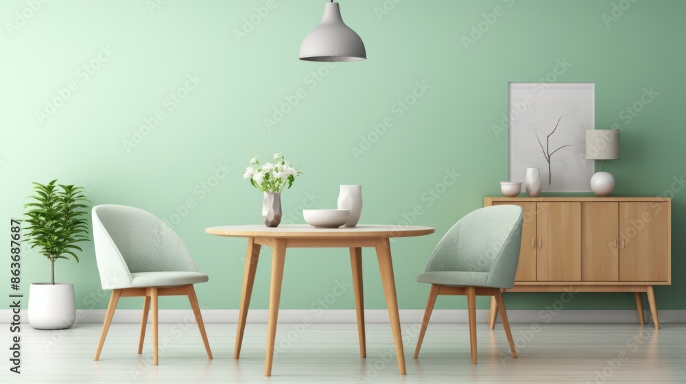 Mint color chairs at round wooden dining table Mint color chairs at round wooden dining table