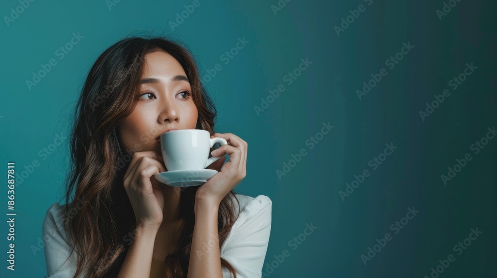 Fit Asian woman sipping coffee with space for branding or quotes , Fit Asian woman sipping coffee with space for branding or quotes ,