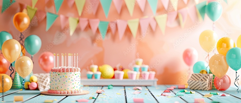 Obraz premium Colorful birthday party setup with balloons, cake, and decorations on a table, perfect for celebrations and festive occasions.