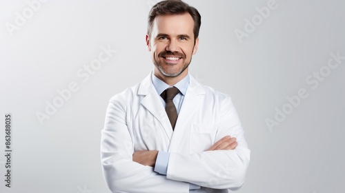 Portrait of smiling male doctor posing with folded arms on white background 