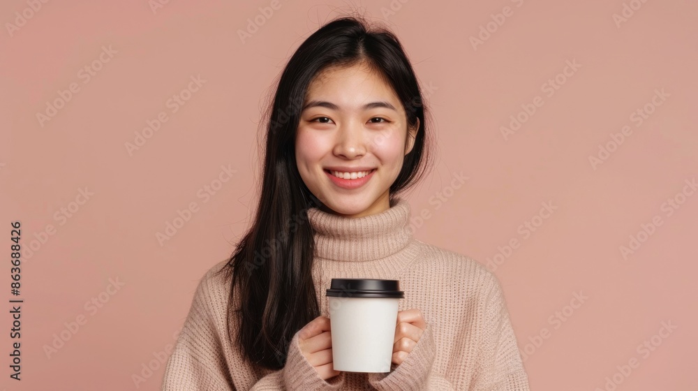 Active Asian woman with a coffee cup against a neutral backdrop for customization , Active Asian woman with a coffee cup against a neutral backdrop for customization ,