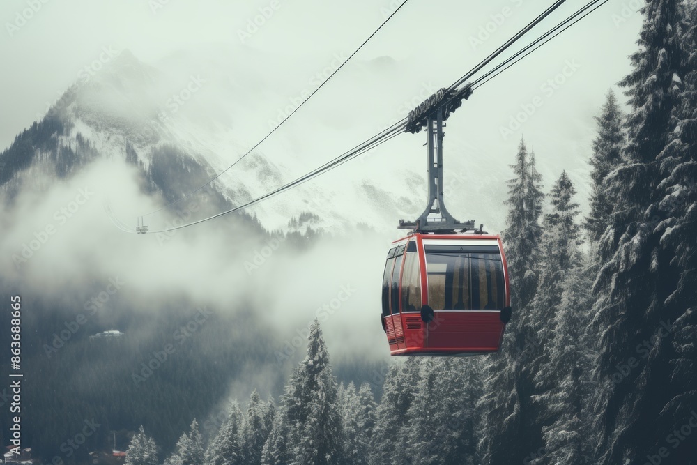 Obraz premium Winter Serenity Minimalist Cable Car Portraits in Ethereal Landscape.jpeg