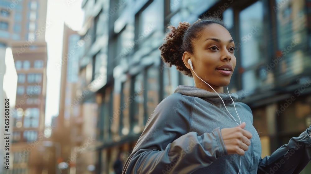 Fototapeta premium An active young woman wearing earbuds while running through an urban environment, with copy space against a cityscape backdrop , 